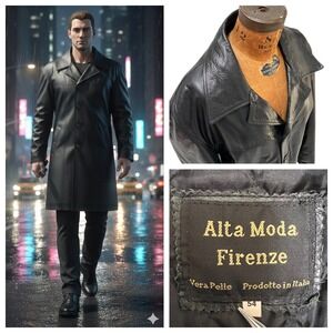 Vtg 90's Alta Moda Firenze Leather Trench Coat Men's XL Black Cyber Matrix Italy
